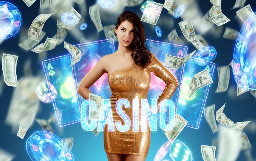 Beautiful girl on the background of casino atrebutics and falling dollars. Winning, casino advertising template, gambling, vegas games, betting